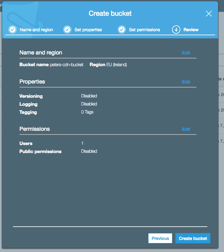 S3 Create Bucket Dialog Step 4