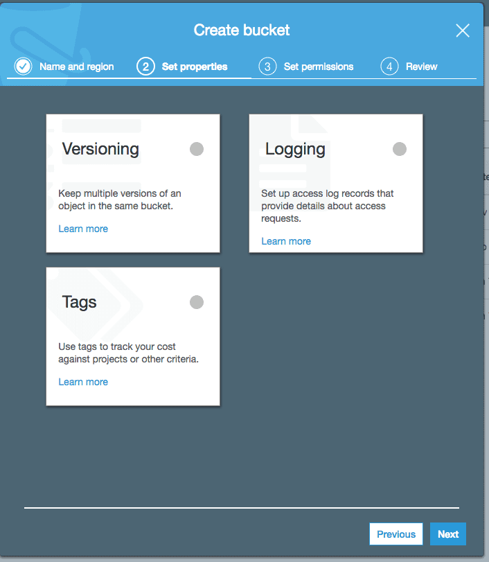 S3 Create Bucket Dialog Step 2